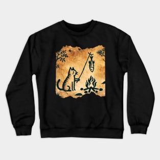 Cave Art Kitten Humor Fish Roasting Art Survival Cat Crewneck Sweatshirt